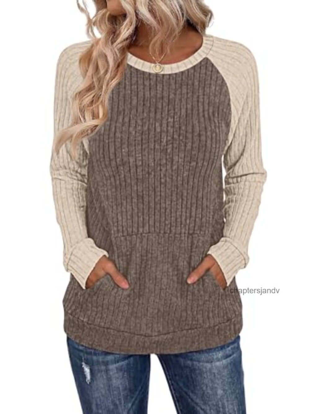 Oversized Ribbed Knit Color Block Raglan Tunic Sweater with Pocket